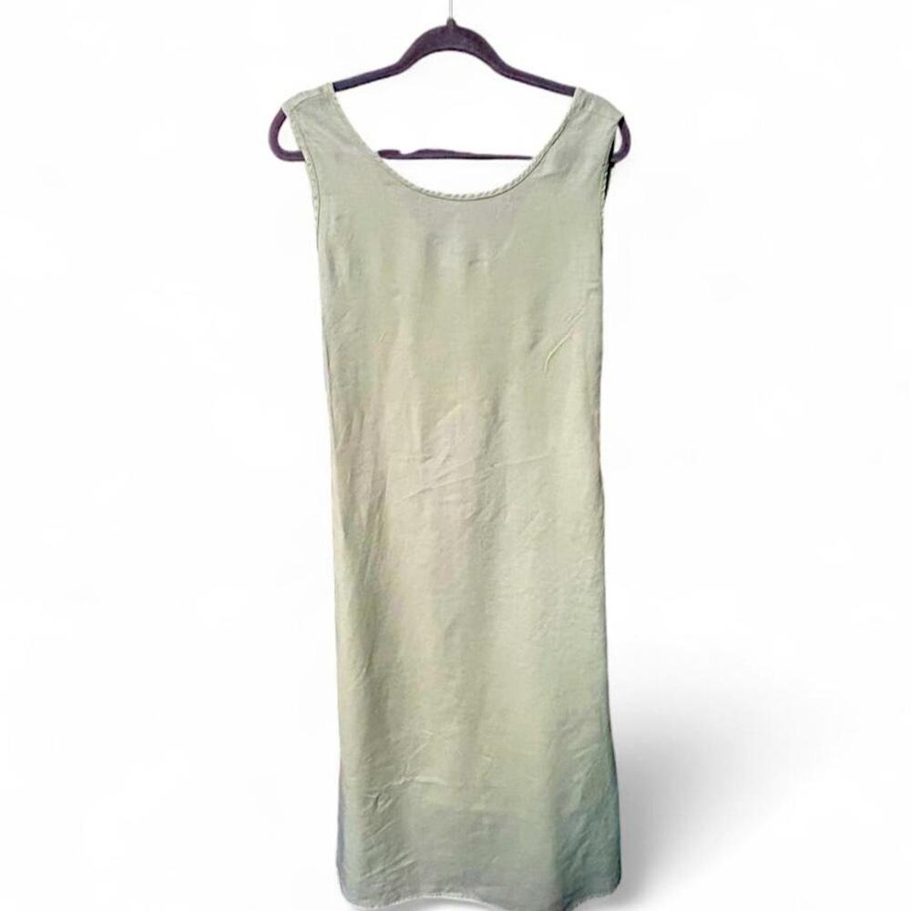 100% linen light pastel seafoam green sleeveless maxi dress w back sash.
